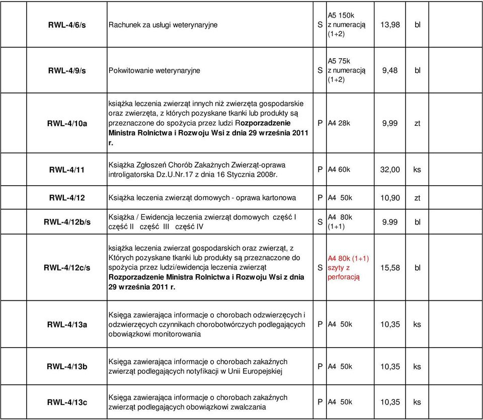 A4 28k 9,99 zt WL-4/11 Książka Zgłoszeń Chorób Zakażnych Zwierząt-oprawa introligatorska Dz.U.r.17 z dnia 16 tycznia 2008r.