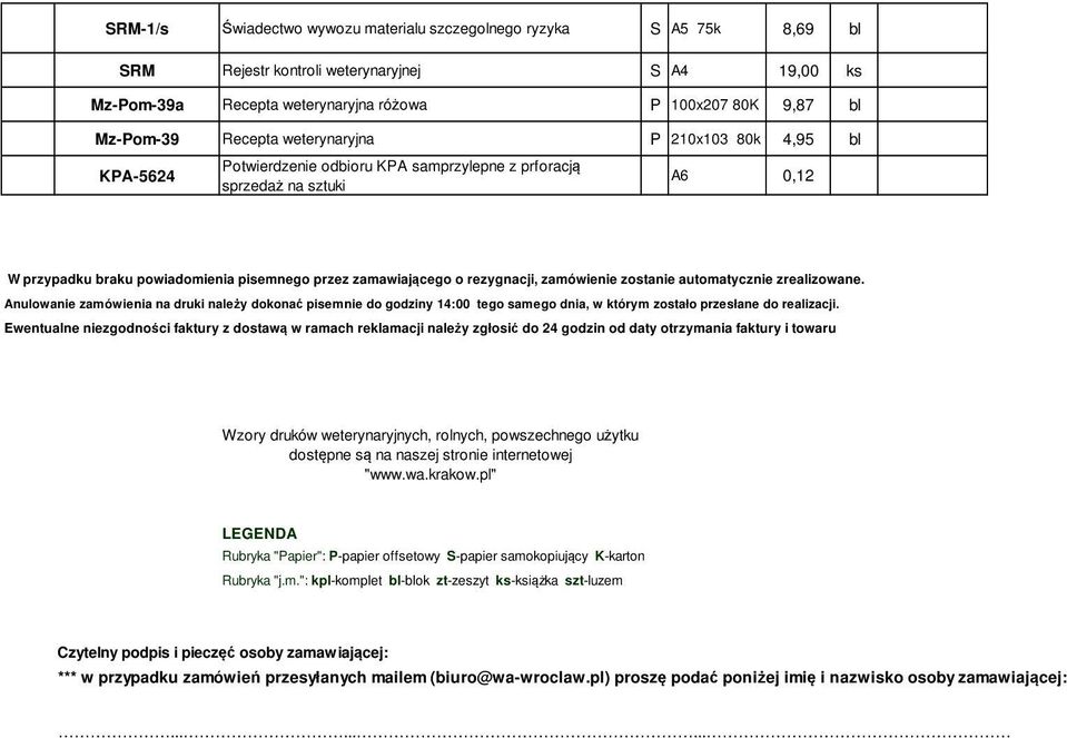 zamówienie zostanie automatycznie zrealizowane. Anulowanie zamówienia na druki należy dokonać pisemnie do godziny 14:00 tego samego dnia, w którym zostało przesłane do realizacji.