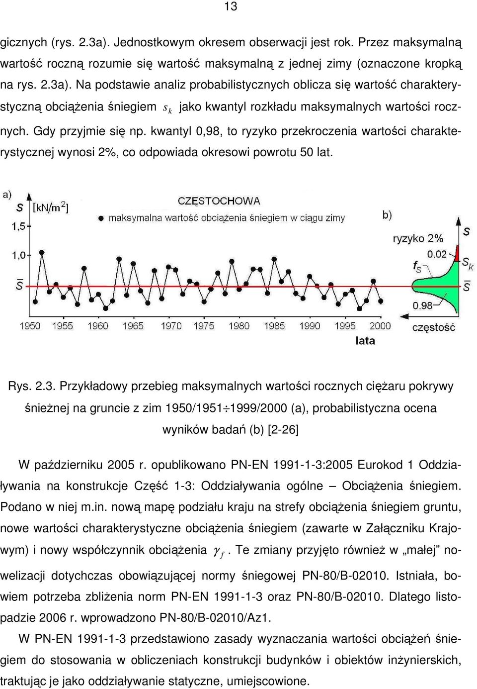 Przykładowy przebieg maksymalnych wartości rocznych cięŝaru pokrywy śnieŝnej na gruncie z zim 1950/1951 1999/2000 (a), probabilistyczna ocena wyników badań (b) [2-26] W październiku 2005 r.