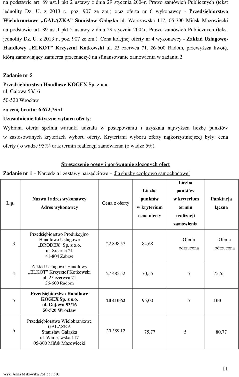 Cena kolejnej oferty nr 4 wykonawcy - Zakład Usługowo- Handlowy ELKOT Krzysztof Kotkowski ul.