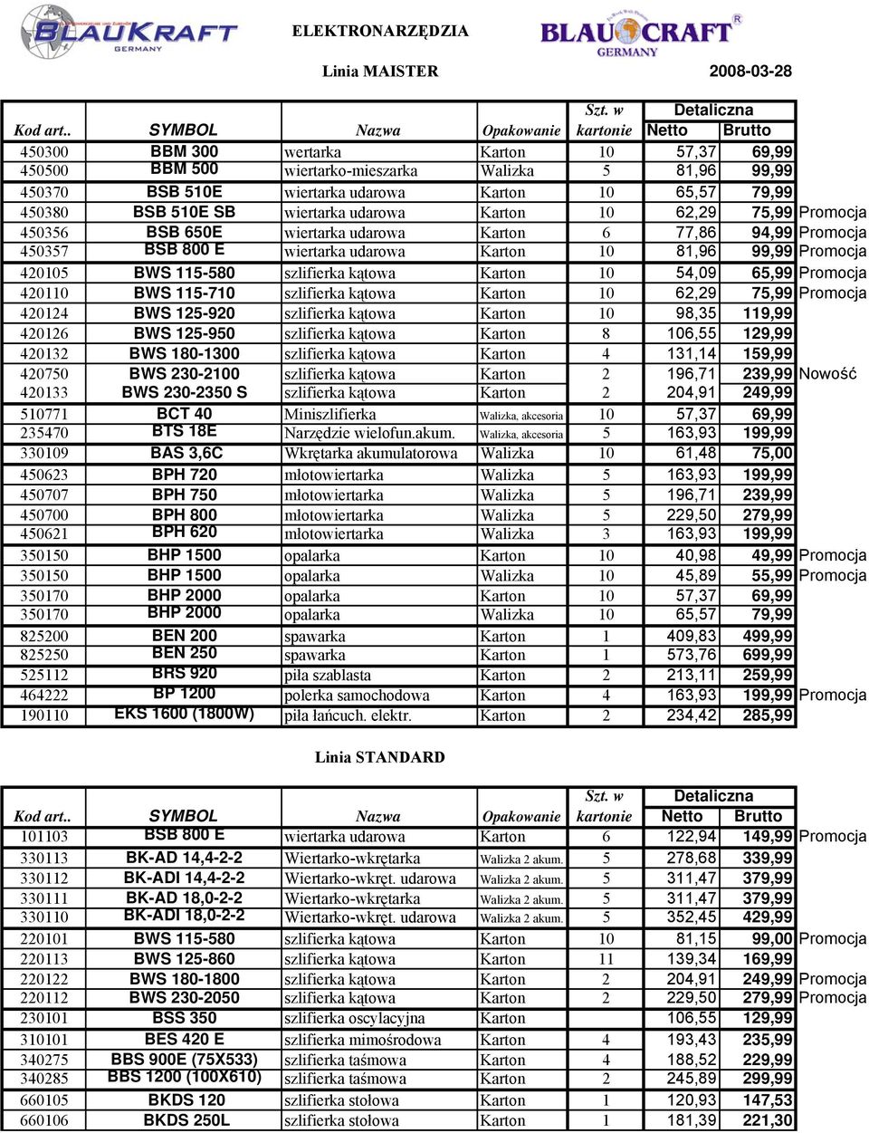 65,57 79,99 450380 BSB 510E SB wiertarka udarowa Karton 10 62,29 75,99 Promocja 450356 BSB 650E wiertarka udarowa Karton 6 77,86 94,99 Promocja 450357 BSB 800 E wiertarka udarowa Karton 10 81,96