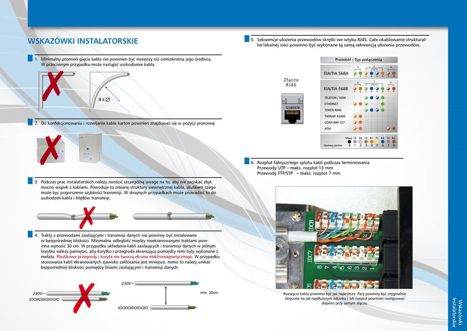 Do konfekcjonowania i rozwijania kabla karton powinien znajdować się w pozycji pionowej. 6. Rozplot fabrycznego splotu kabli podczas terminowania Przewody UTP maks. rozplot mm Przewody FTP/STP maks.