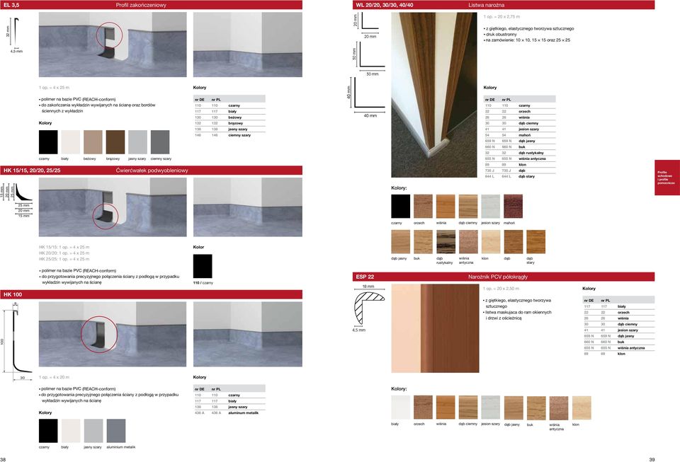= 4 x 25 m polimer na bazie PVC (REACH-conform) do zakończenia wykładzin wywijanych na ścianę oraz bordów ściennych z wykładzin biały beżowy jasny ciemny Ćwierćwałek podwyobleniowy 117 117 biały 130