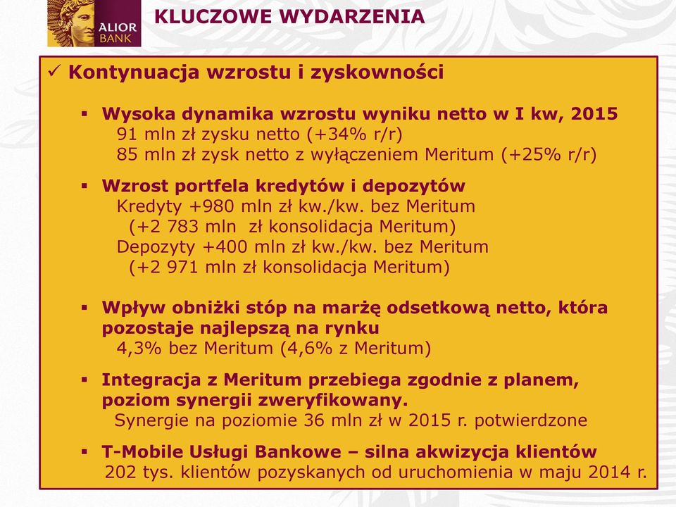 bez Meritum (+2 783 mln zł konsolidacja Meritum) Depozyty +400 mln zł kw./kw.