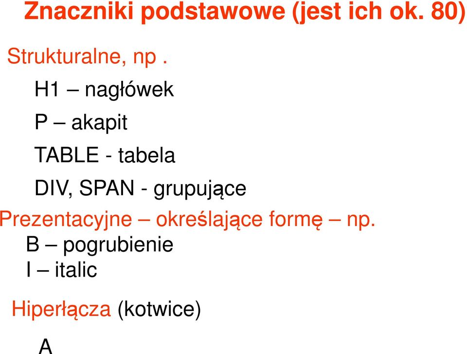 H1 nagłówek P akapit TABLE - tabela DIV, SPAN -