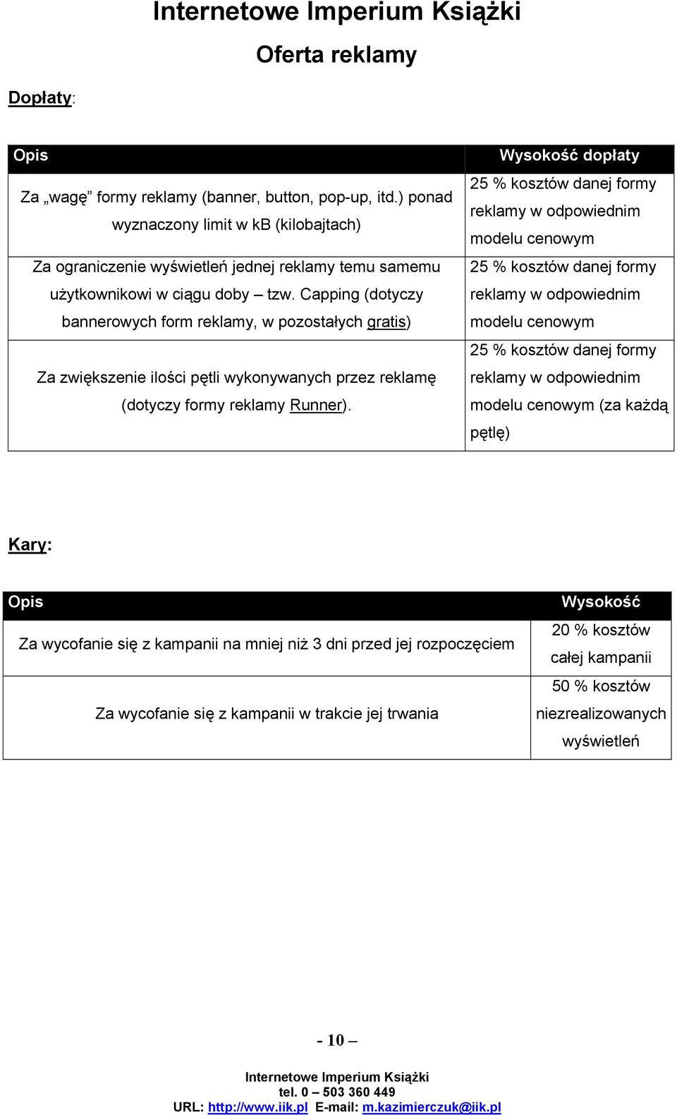 Wysokość dopłaty 25 % kosztów danej formy reklamy w odpowiednim modelu cenowym 25 % kosztów danej formy reklamy w odpowiednim modelu cenowym 25 % kosztów danej formy reklamy w odpowiednim modelu