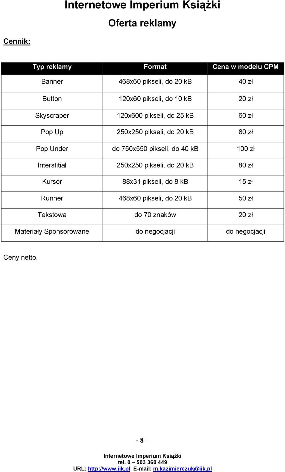 pikseli, do 40 kb 100 zł Interstitial 250x250 pikseli, do 20 kb 80 zł Kursor 88x31 pikseli, do 8 kb 15 zł Runner