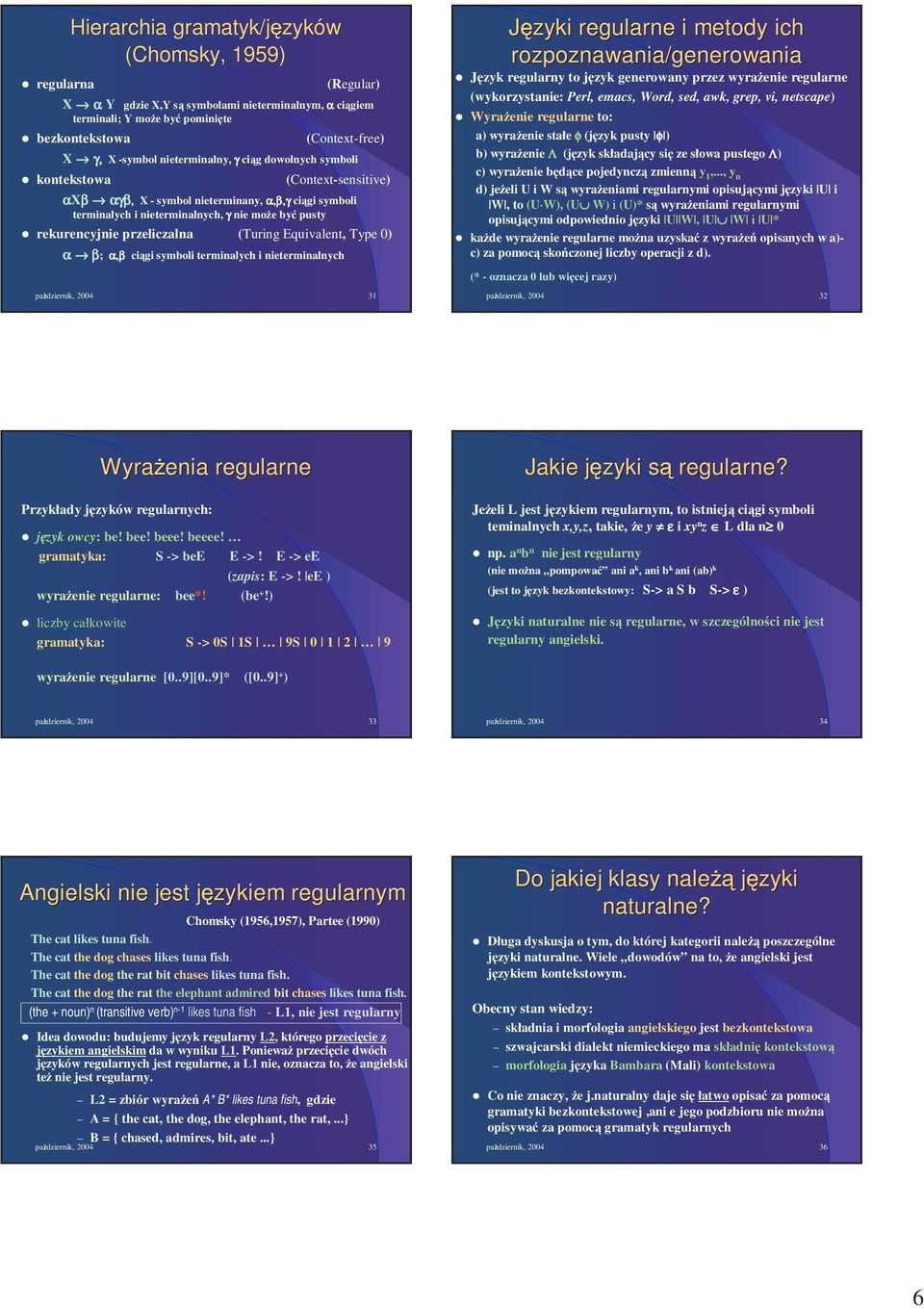 przeliczalna (Turing Equivalent, Type 0) α β; α,β ciągi symboli terminalych i nieterminalnych październik, 2004 31 J zyki regularne i metody ich rozpoznawania/generowania Język regularny to język