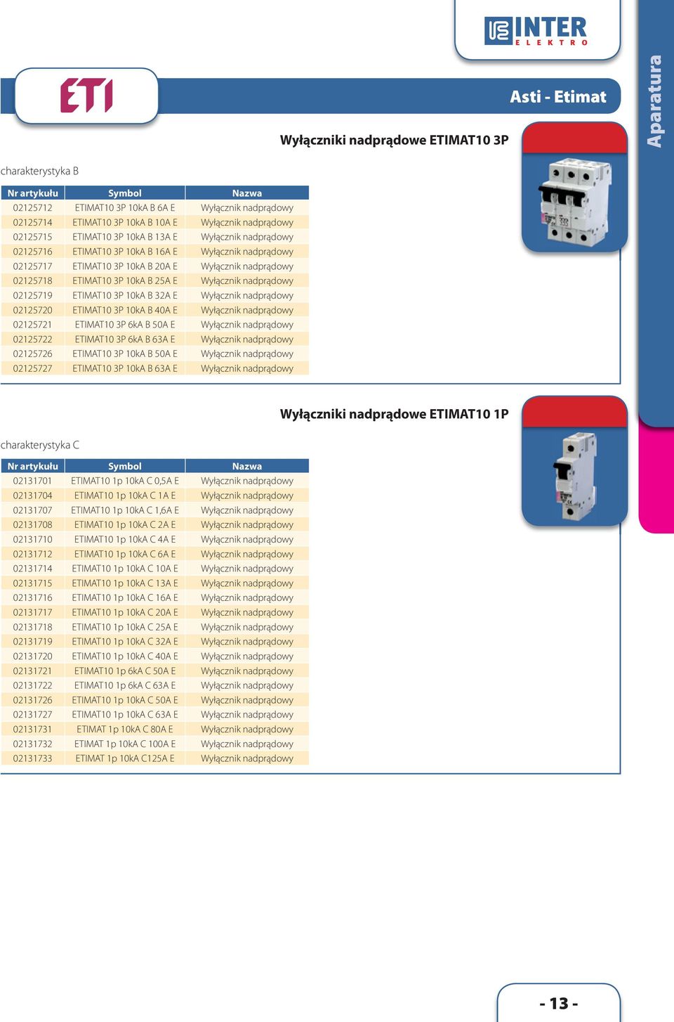 10kA B 25A E Wyłącznik nadprądowy 02125719 ETIMAT10 3P 10kA B 32A E Wyłącznik nadprądowy 02125720 ETIMAT10 3P 10kA B 40A E Wyłącznik nadprądowy 02125721 ETIMAT10 3P 6kA B 50A E Wyłącznik nadprądowy