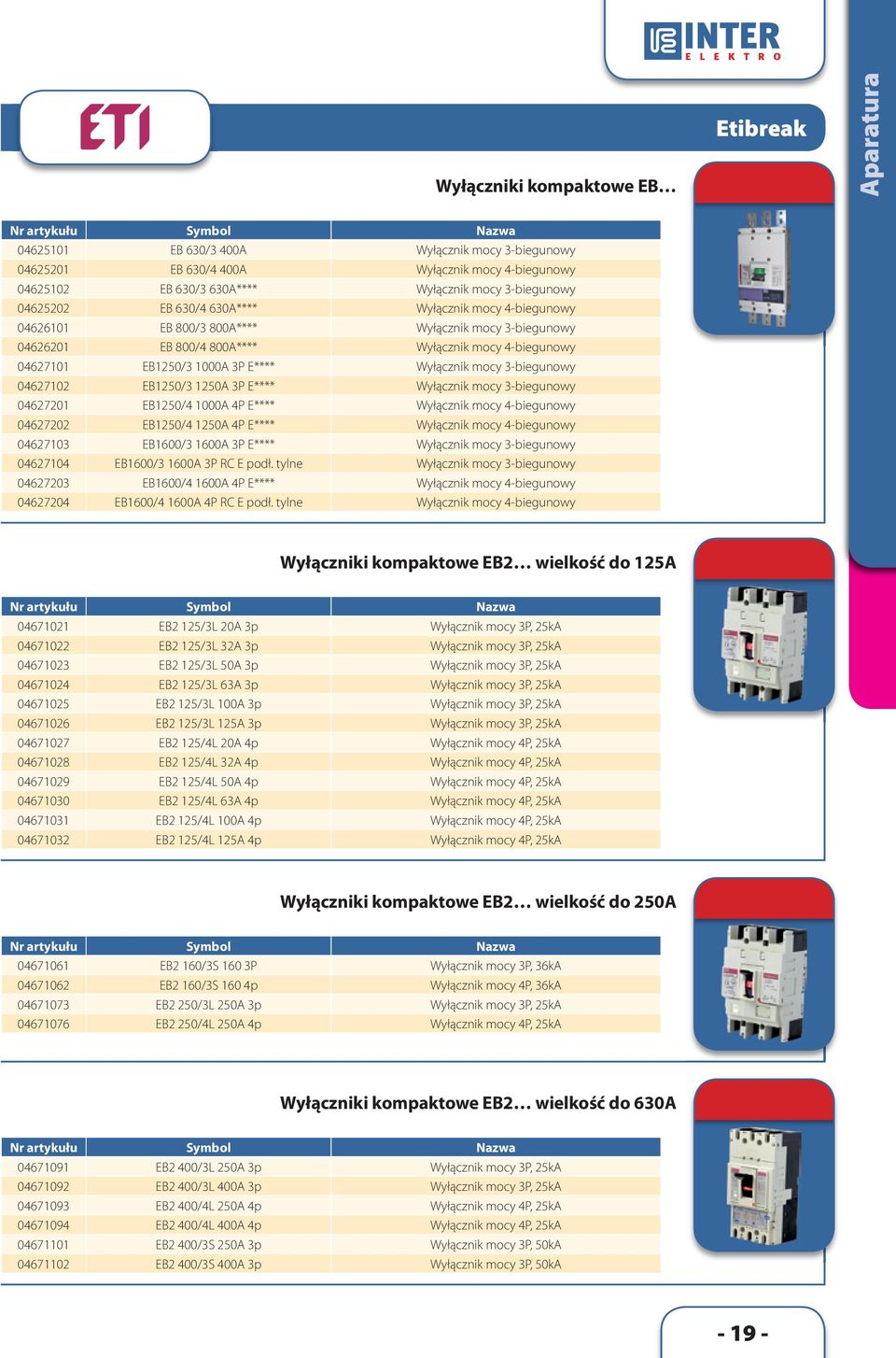 EB1250/3 1000A 3P E**** Wyłącznik mocy 3-biegunowy 04627102 EB1250/3 1250A 3P E**** Wyłącznik mocy 3-biegunowy 04627201 EB1250/4 1000A 4P E**** Wyłącznik mocy 4-biegunowy 04627202 EB1250/4 1250A 4P