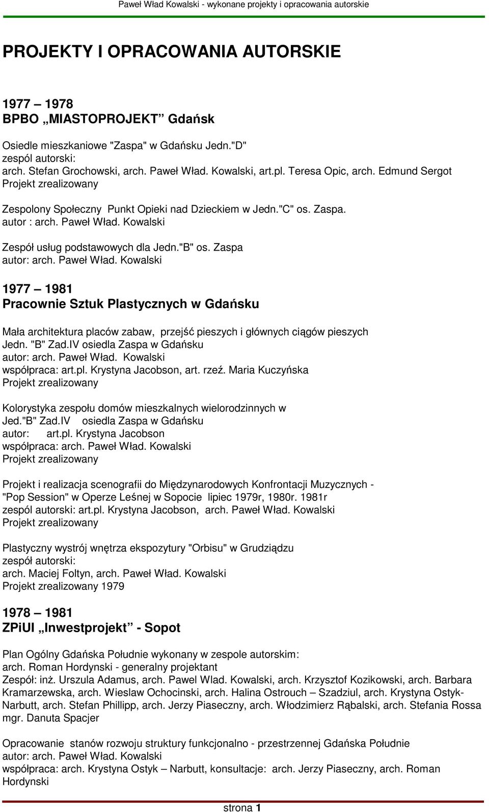 Zaspa 1977 1981 Pracownie Sztuk Plastycznych w Gdańsku Mała architektura placów zabaw, przejść pieszych i głównych ciągów pieszych Jedn. "B" Zad.IV osiedla Zaspa w Gdańsku współpraca: art.pl. Krystyna Jacobson, art.