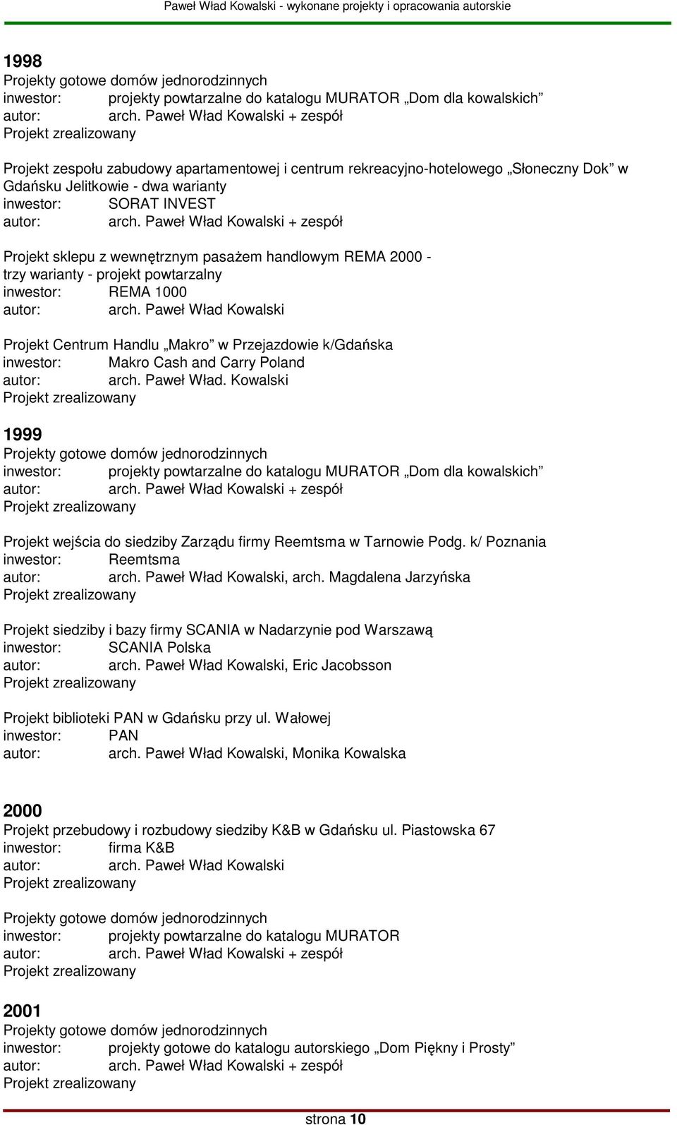 k/gdańska inwestor: Makro Cash and Carry Poland 1999 inwestor: projekty powtarzalne do katalogu MURATOR Dom dla kowalskich + zespół Projekt wejścia do siedziby Zarządu firmy Reemtsma w Tarnowie Podg.