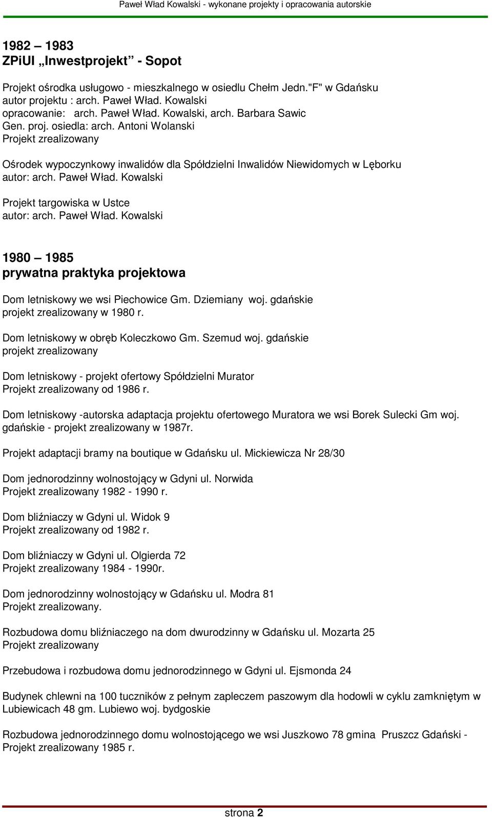 Antoni Wolanski Ośrodek wypoczynkowy inwalidów dla Spółdzielni Inwalidów Niewidomych w Lęborku Projekt targowiska w Ustce 1980 1985 prywatna praktyka projektowa Dom letniskowy we wsi Piechowice Gm.