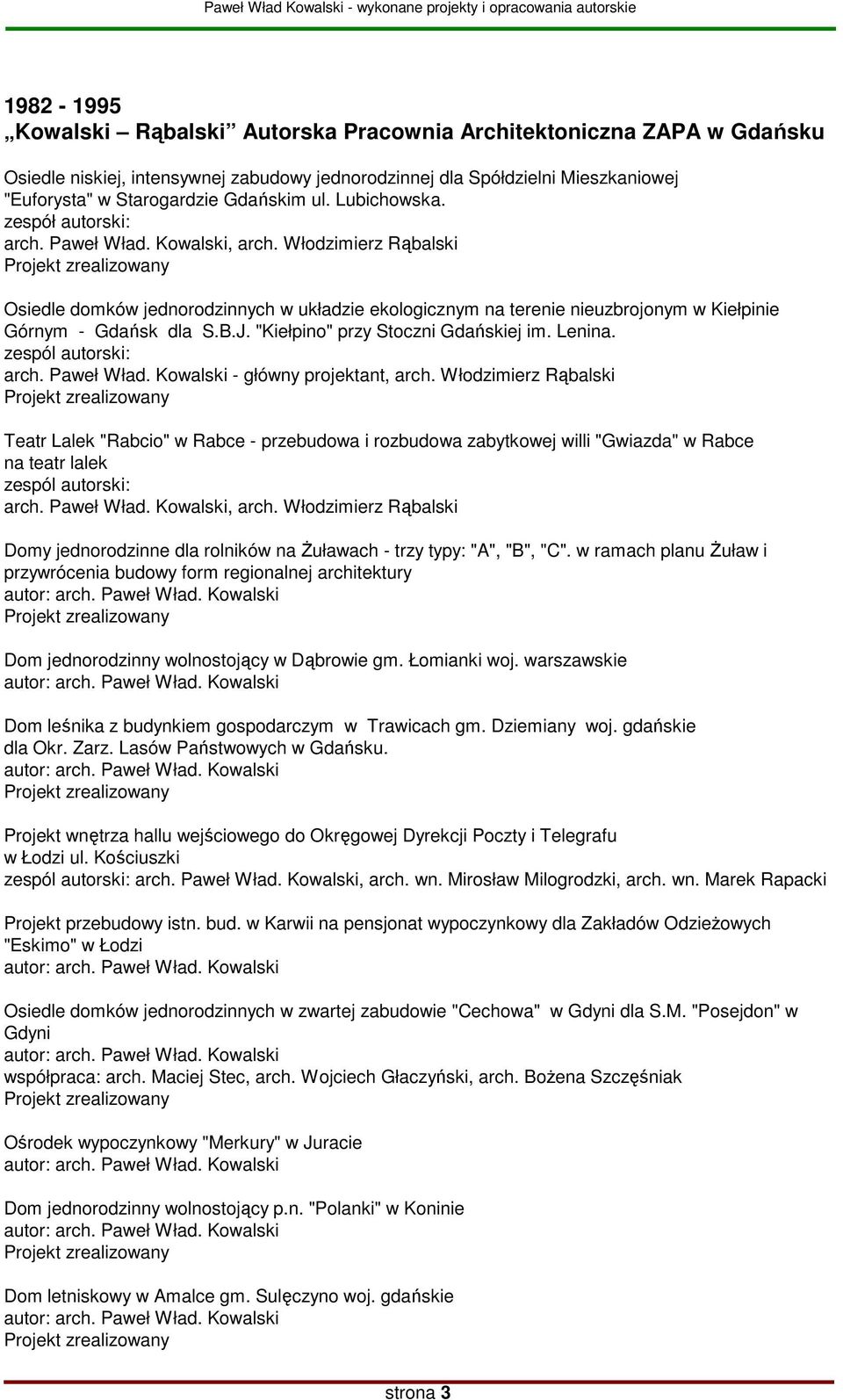 Włodzimierz Rąbalski Osiedle domków jednorodzinnych w układzie ekologicznym na terenie nieuzbrojonym w Kiełpinie Górnym - Gdańsk dla S.B.J. "Kiełpino" przy Stoczni Gdańskiej im. Lenina.