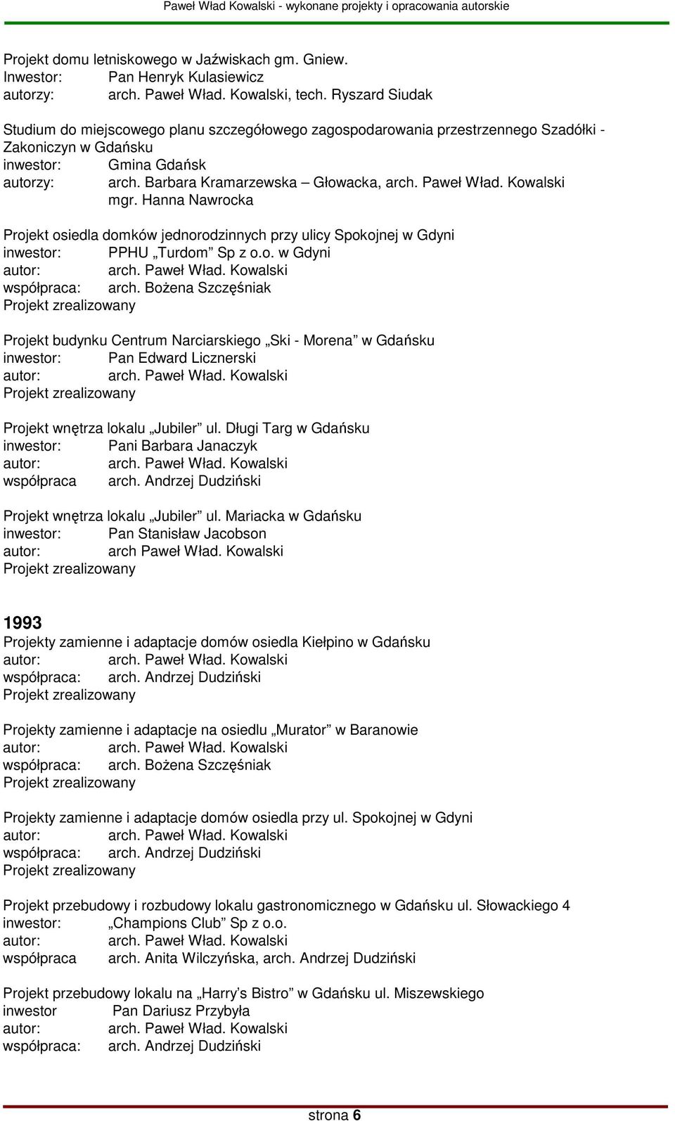 Paweł Wład. Kowalski mgr. Hanna Nawrocka Projekt osiedla domków jednorodzinnych przy ulicy Spokojnej w Gdyni inwestor: PPHU Turdom Sp z o.o. w Gdyni Projekt budynku Centrum Narciarskiego Ski - Morena w Gdańsku inwestor: Pan Edward Licznerski Projekt wnętrza lokalu Jubiler ul.