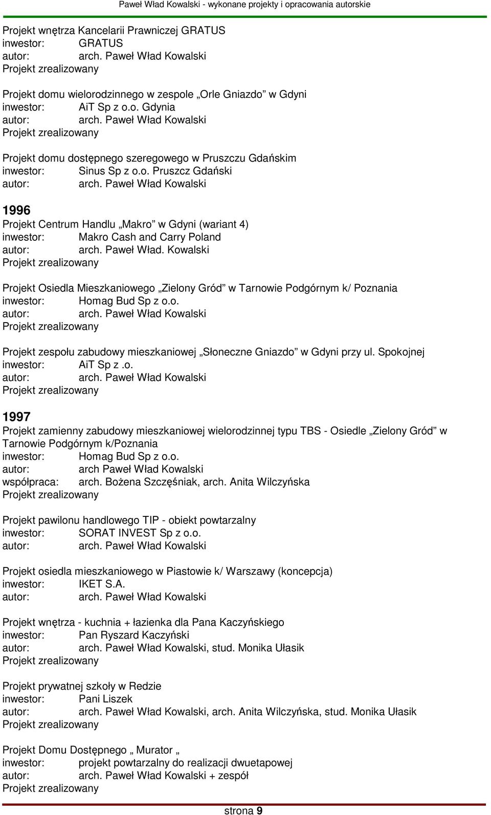 Homag Bud Sp z o.o. Projekt zespołu zabudowy mieszkaniowej Słoneczne Gniazdo w Gdyni przy ul. Spokojnej inwestor: AiT Sp z.o. 1997 Projekt zamienny zabudowy mieszkaniowej wielorodzinnej typu TBS - Osiedle Zielony Gród w Tarnowie Podgórnym k/poznania inwestor: Homag Bud Sp z o.