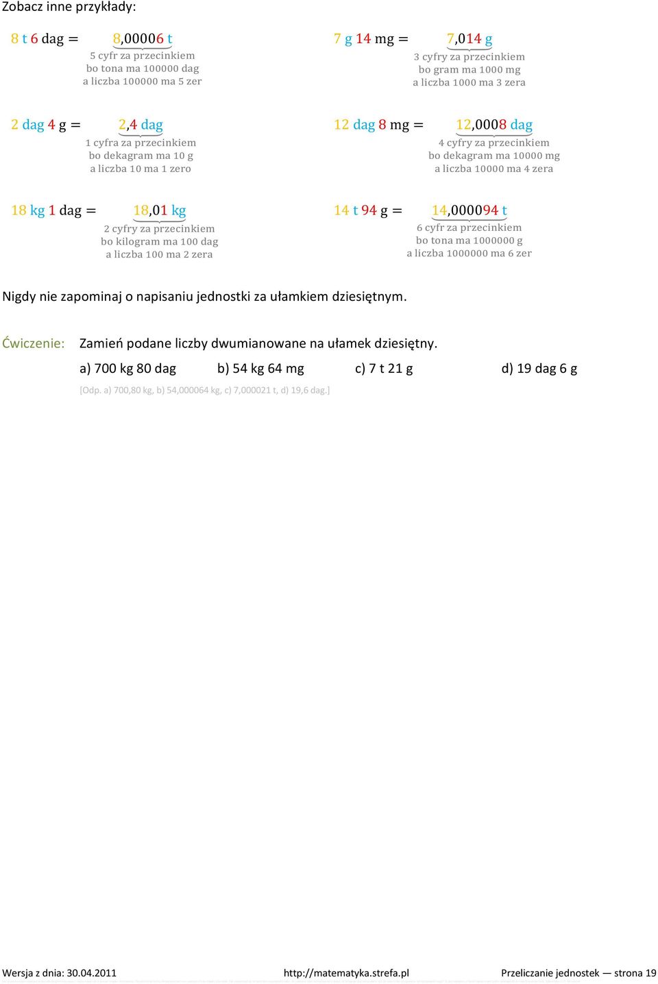 Zamień podane liczby dwumianowane na ułamek dziesiętny. a) 700 kg 80 dag b) 54 kg 64 mg c) 7 t 21 g d) 19 dag 6 g [Odp.