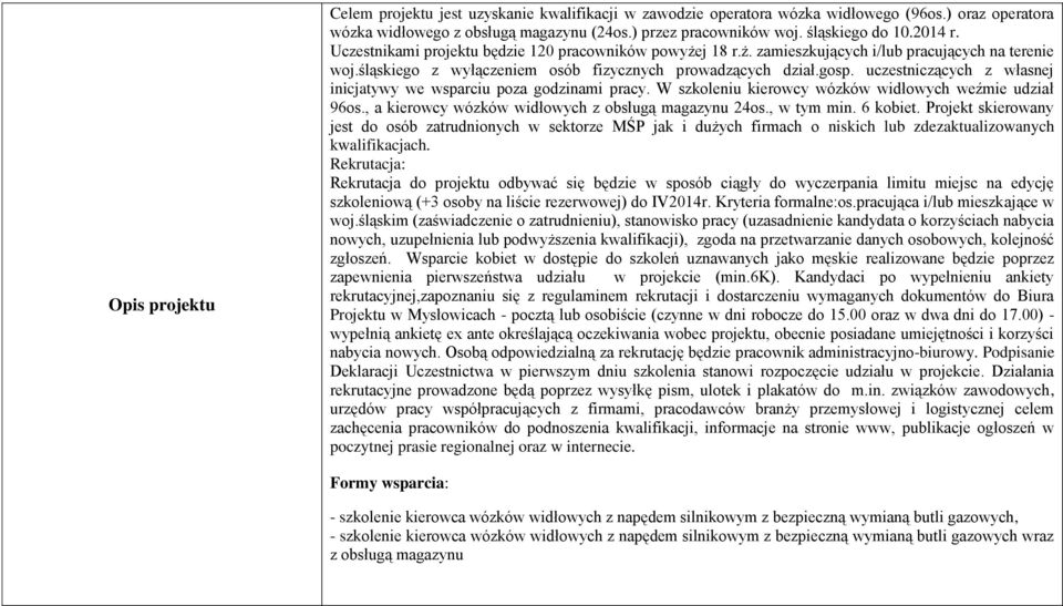 uczestniczących z własnej inicjatywy we wsparciu poza godzinami pracy. W szkoleniu kierowcy wózków widłowych weźmie udział 96os., a kierowcy wózków widłowych z obsługą magazynu 24os., w tym min.