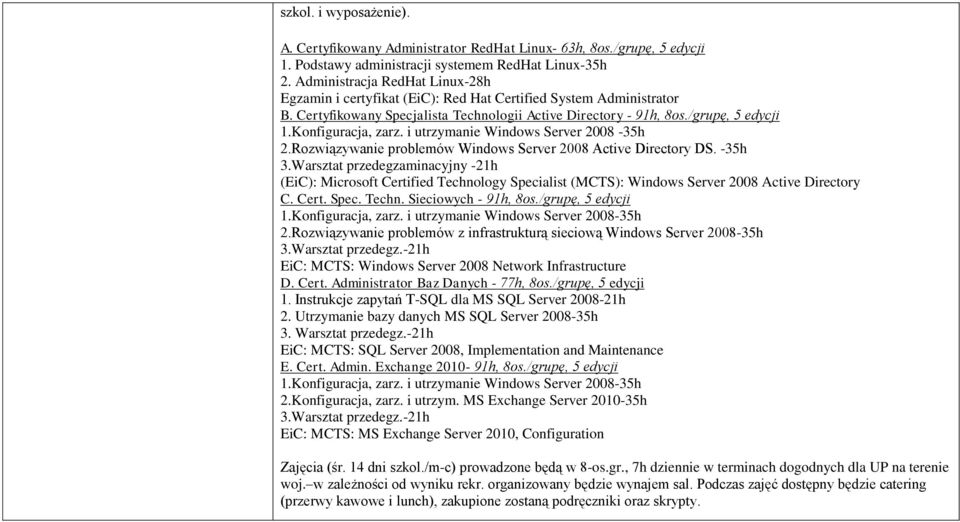 Konfiguracja, zarz. i utrzymanie Windows Server 2008-35h 2.Rozwiązywanie problemów Windows Server 2008 Active Directory DS. -35h 3.