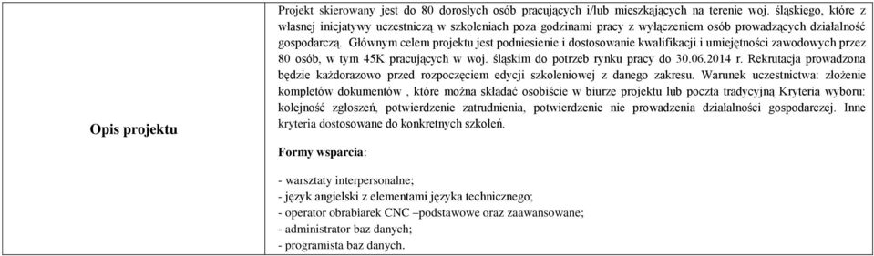 Głównym celem projektu jest podniesienie i dostosowanie kwalifikacji i umiejętności zawodowych przez 80 osób, w tym 45K pracujących w woj. śląskim do potrzeb rynku pracy do 30.06.2014 r.