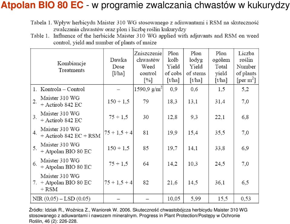 Skuteczność chwastobójcza herbicydu Maister 310 WG stosowanego z