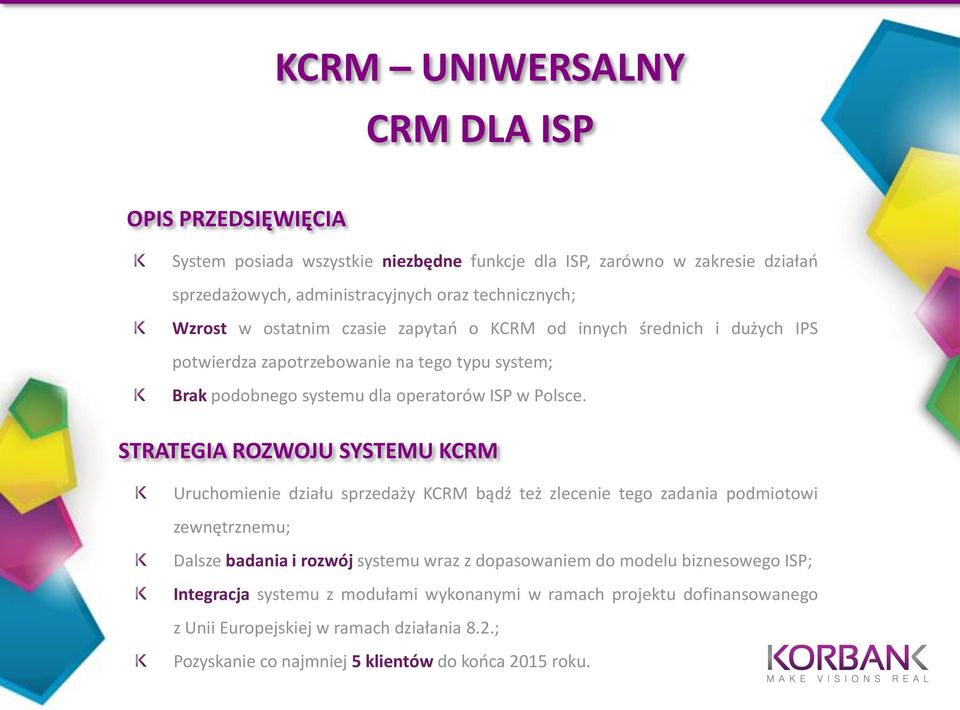 STRATEGIA ROZWOJU SYSTEMU KCRM Uruchomienie działu sprzedaży KCRM bądź też zlecenie tego zadania podmiotowi zewnętrznemu; Dalsze badania i rozwój systemu wraz z dopasowaniem do