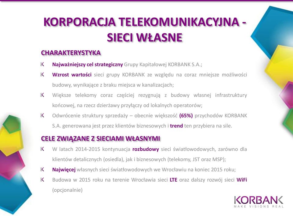 wynikające z braku miejsca w kanalizacjach; Większe telekomy coraz częściej rezygnują z budowy własnej infrastruktury końcowej, na rzecz dzierżawy przyłączy od lokalnych operatorów; Odwrócenie