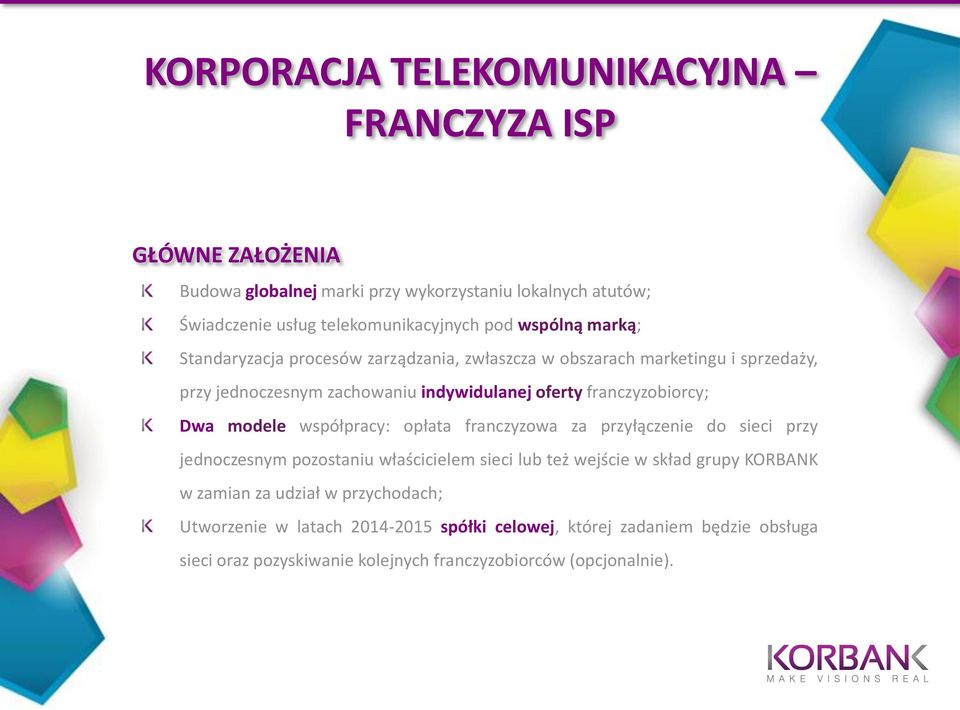 Dwa modele współpracy: opłata franczyzowa za przyłączenie do sieci przy jednoczesnym pozostaniu właścicielem sieci lub też wejście w skład grupy KORBANK w zamian