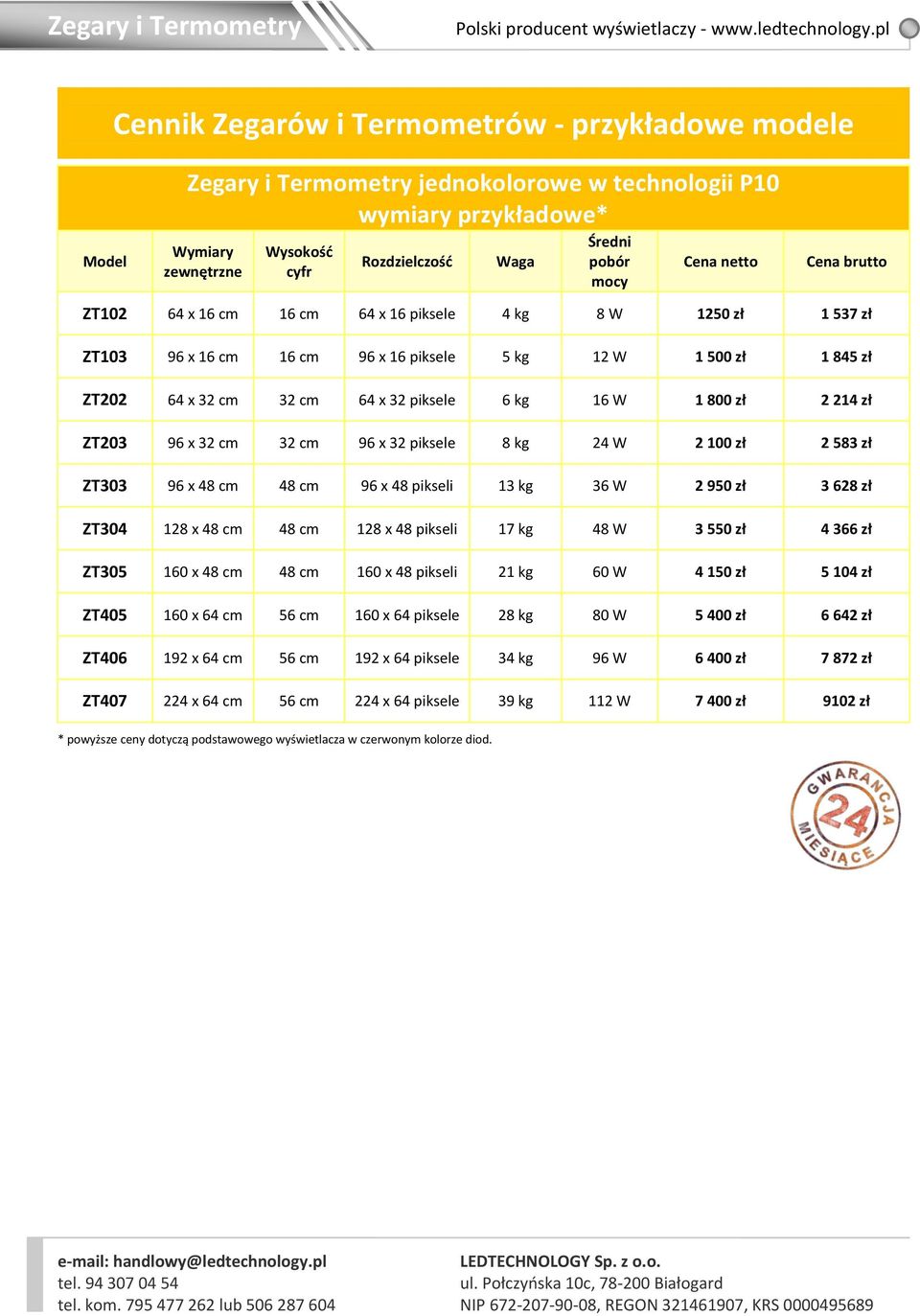 16 W 1 800 zł 2 214 zł ZT203 96 x 32 cm 32 cm 96 x 32 piksele 8 kg 24 W 2 100 zł 2 583 zł ZT303 96 x 48 cm 48 cm 96 x 48 pikseli 13 kg 36 W 2 950 zł 3 628 zł ZT304 128 x 48 cm 48 cm 128 x 48 pikseli
