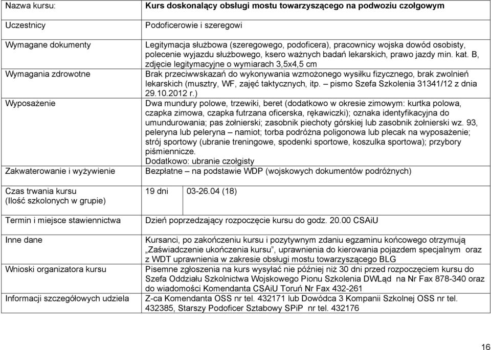 B, zdjęcie legitymacyjne o wymiarach 3,5x4,5 cm Dodatkowo: ubranie czołgisty 19 dni 03-26.