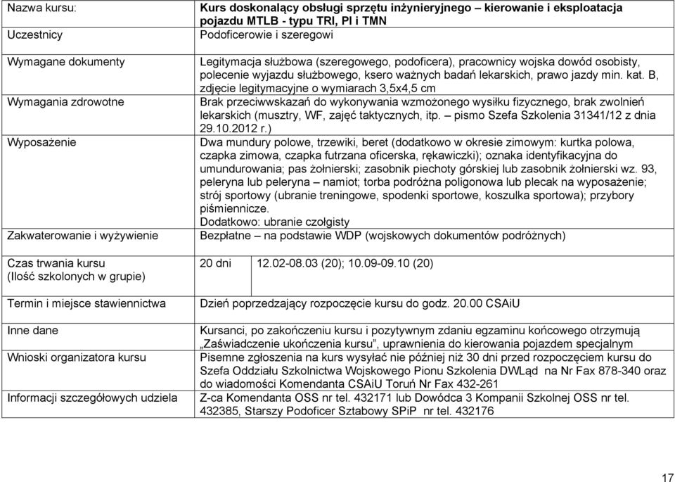 min. kat. B, zdjęcie legitymacyjne o wymiarach 3,5x4,5 cm Dodatkowo: ubranie czołgisty 20 dni 12.02-08.