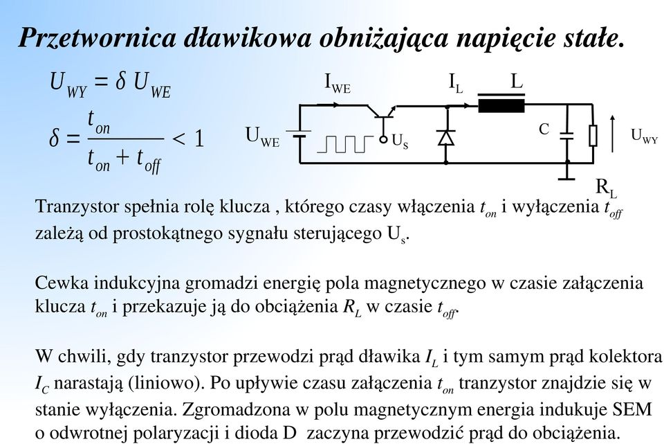 sygnału sterującego U s. Cewka indukcyjna gromadzi energię pola magnetycznego w czasie załączenia klucza t on i przekazuje ją do obciążenia R L w czasie t off.