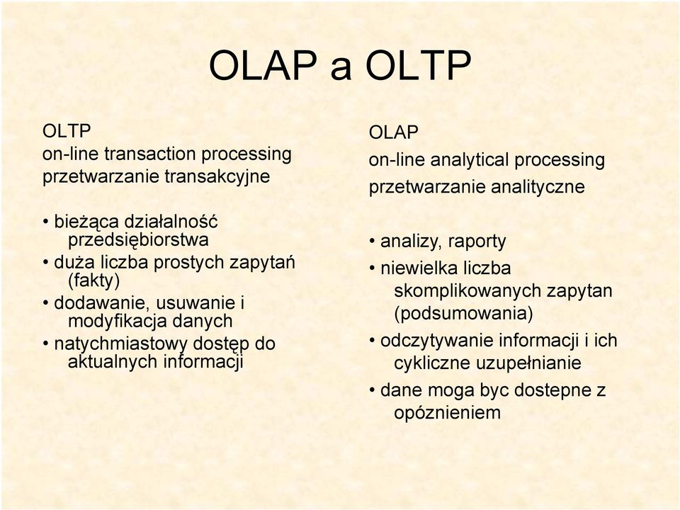 informacji OLAP on-line analytical processing przetwarzanie analityczne analizy, raporty niewielka liczba