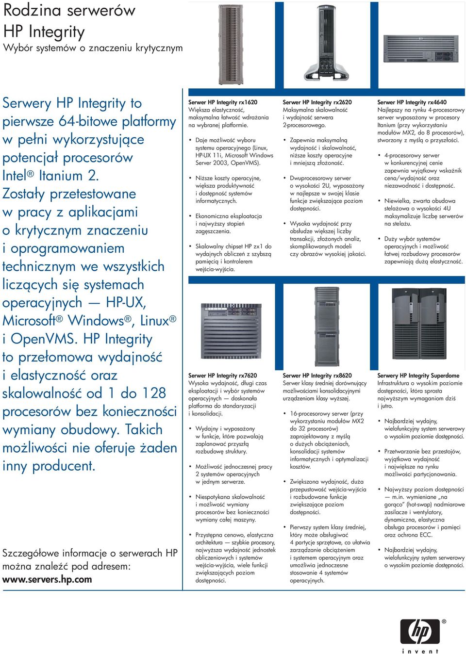 HP Integrity to przełomowa wydajno ć i elastyczno ć oraz skalowalno ć od 1 do 128 procesorów bez konieczno ci wymiany obudowy. Takich mo liwo ci nie oferuje aden inny producent.