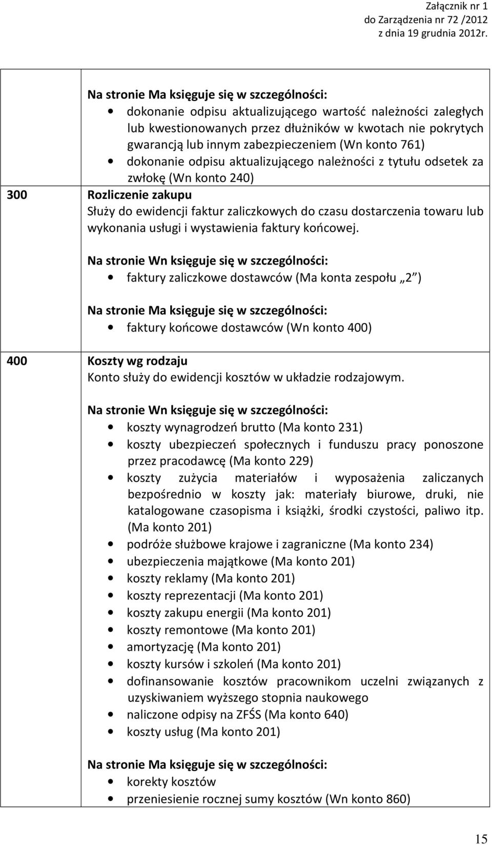 faktury końcowej. faktury zaliczkowe dostawców (Ma konta zespołu 2 ) faktury końcowe dostawców (Wn konto 400) 400 Koszty wg rodzaju Konto służy do ewidencji kosztów w układzie rodzajowym.