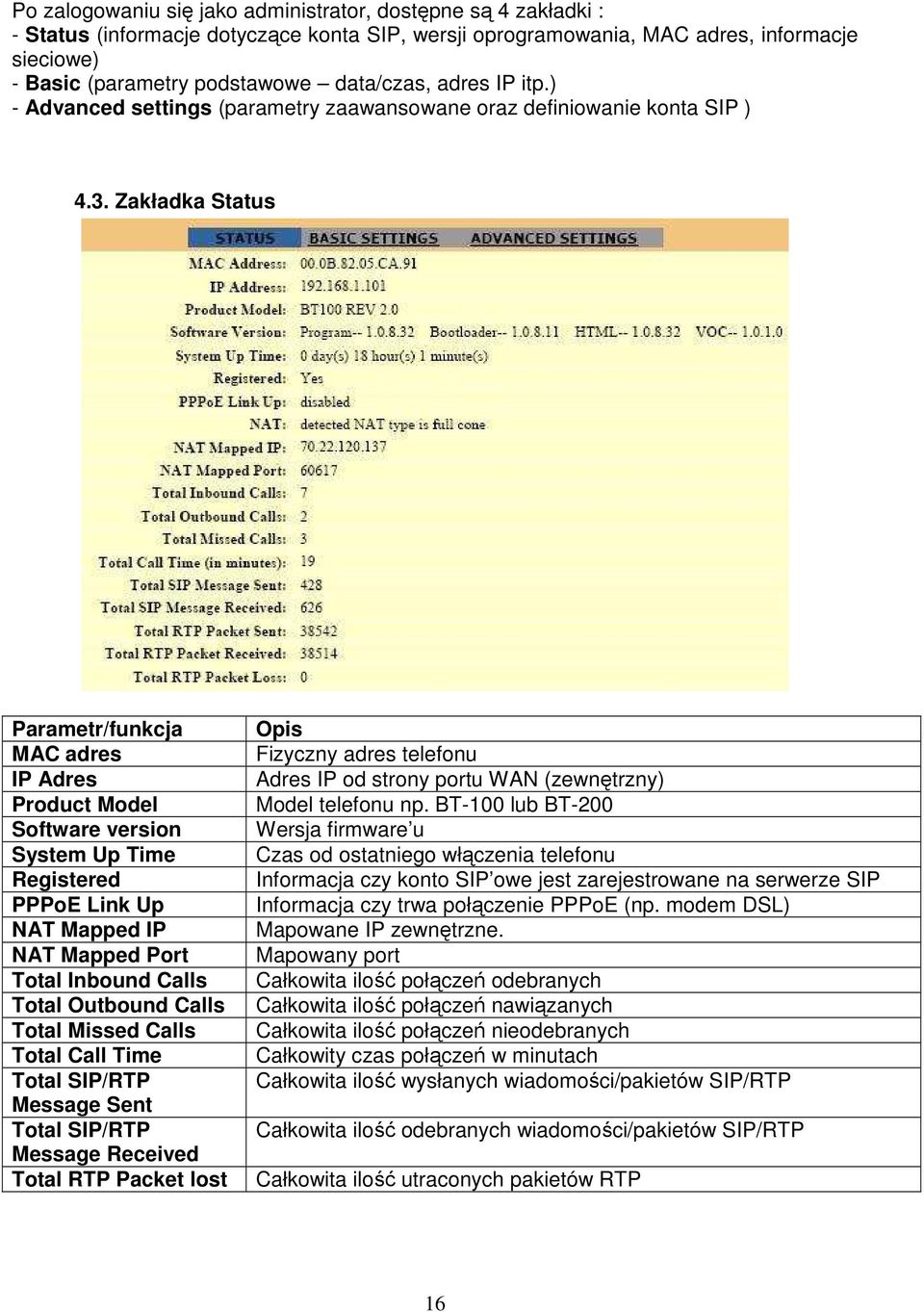 Zakładka Status Parametr/funkcja MAC adres IP Adres Product Model Software version System Up Time Registered PPPoE Link Up NAT Mapped IP NAT Mapped Port Total Inbound Calls Total Outbound Calls Total