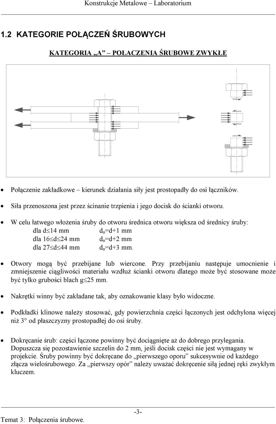 W celu łatwego włożenia śruby do otworu średnica otworu większa od średnicy śruby: dla d14 mm d o =d+1 mm dla 16d24 mm d o =d+2 mm dla 27d44 mm d o =d+3 mm. Otwory mogą być przebijane lub wiercone.