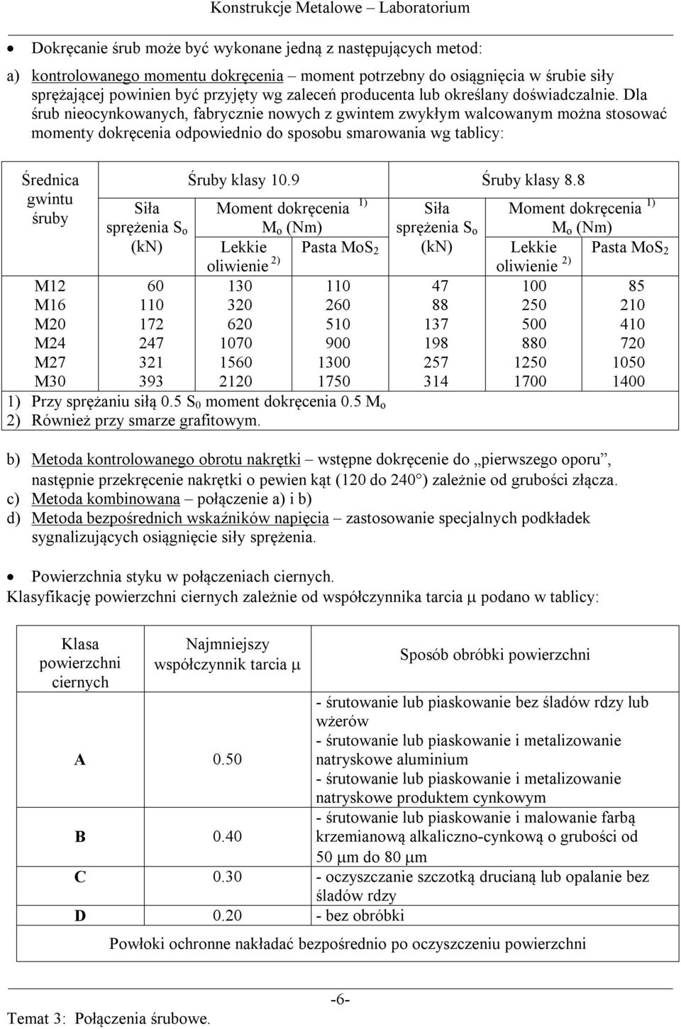 Dla śrub nieocynkowanych, fabrycznie nowych z gwintem zwykłym walcowanym można stosować momenty dokręcenia odpowiednio do sposobu smarowania wg tablicy: Średnica gwintu śruby M12 M16 M20 M24 M27 M30