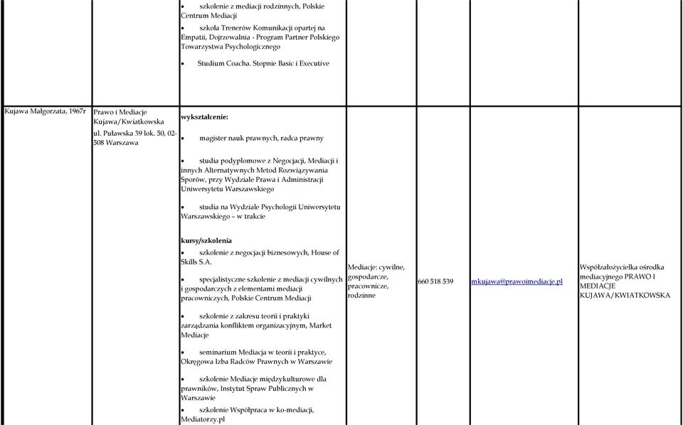 50, 02-508 Warszawa magister nauk prawnych, radca prawny studia podyplomowe z Negocjacji, Mediacji i innych Alternatywnych Metod Rozwiązywania Sporów, przy Wydziale Prawa i Administracji Uniwersytetu