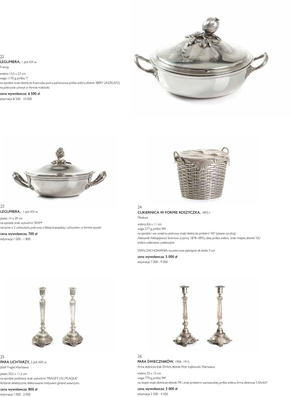 plater, 14 x 29 cm na spodzie znak wytwórni: 'SFAM' naczynie z 2 uchwytami, pokrywa z falistą krawędzią i uchwytem w formie szyszki cena wywoławcza: 700 zł estymacja: 1 000-1 800 24 CUKIERNICA W