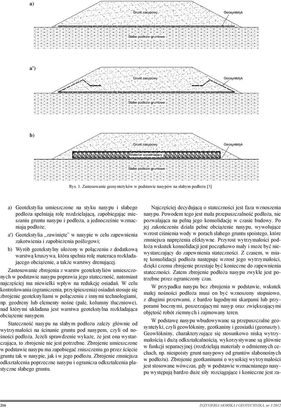 podłoża, a jednocześnie wzmacniają podłoże; a') Geotekstylia zawinięte w nasypie w celu zapewnienia zakotwienia i zapobieżenia poślizgowi; b) Wyrób geotekstylny ułożony w połączeniu z dodatkową