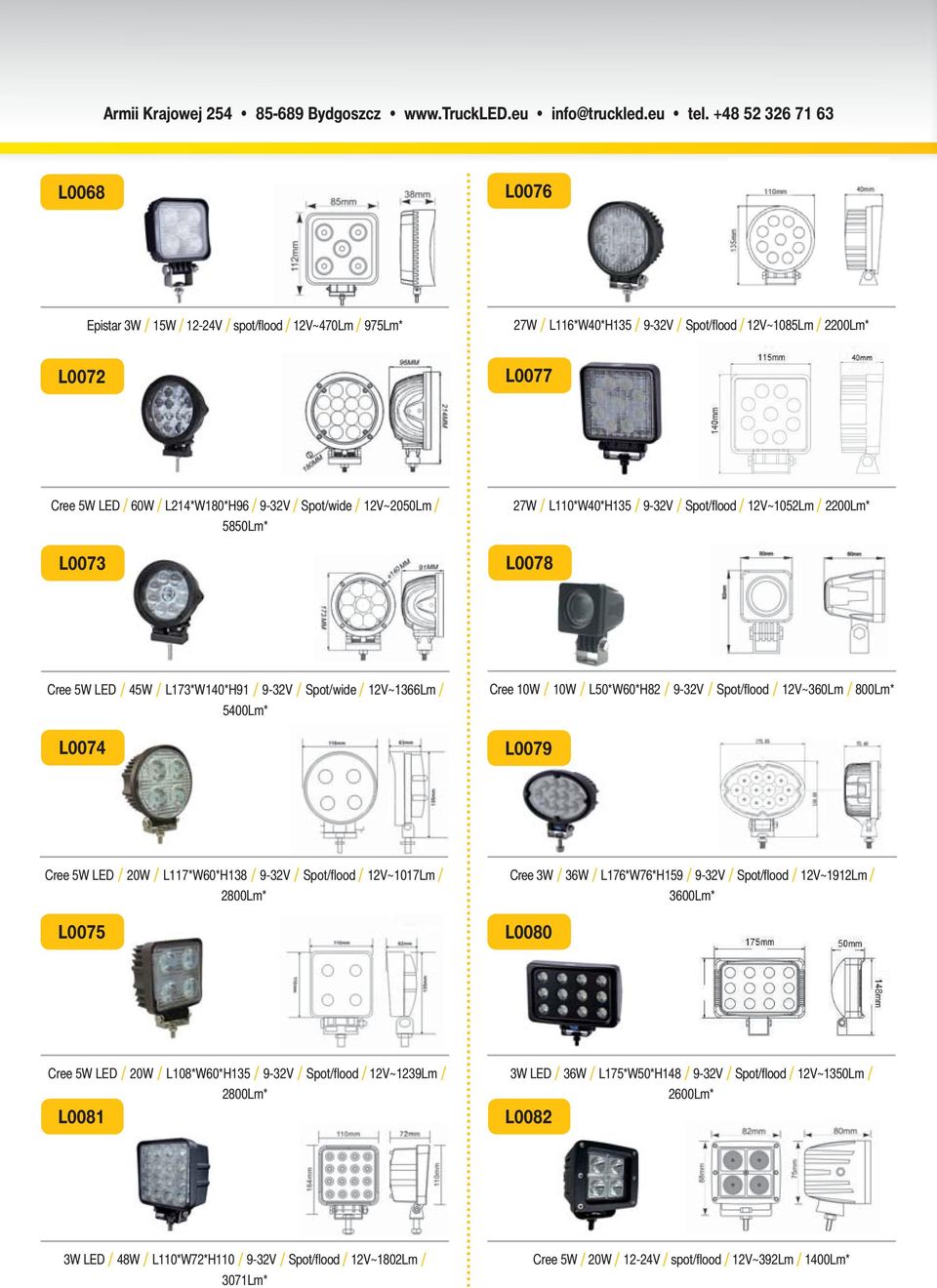 10W / 10W / L50*W60*H82 / 9-32V / Spot/fl ood / 12V~360Lm / 800Lm* L0079 Cree 5W LED / 20W / L117*W60*H138 / 9-32V / Spot/fl ood / 12V~1017Lm / 2800Lm* L0075 Cree 3W / 36W / L176*W76*H159 / 9-32V /