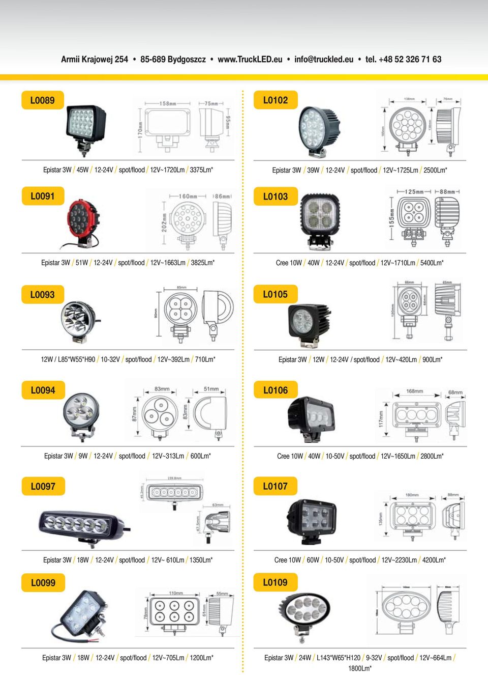 spot/fl ood / 12V~420Lm / 900Lm* L0094 L0106 Epistar 3W / 9W / 12-24V / spot/fl ood / 12V~313Lm / 600Lm* Cree 10W / 40W / 10-50V / spot/fl ood / 12V~1650Lm / 2800Lm* L0097 L0107 L0099 Epistar 3W /