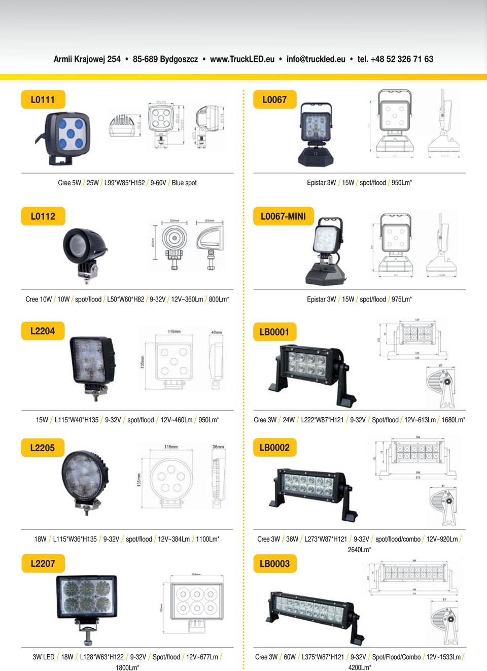 Spot/fl ood / 12V~613Lm / 1680Lm* L2205 LB0002 18W / L115*W36*H135 / 9-32V / spot/fl ood / 12V~384Lm / 1100Lm* L2207 Cree 3W / 36W / L273*W87*H121 / 9-32V / spot/fl ood/combo