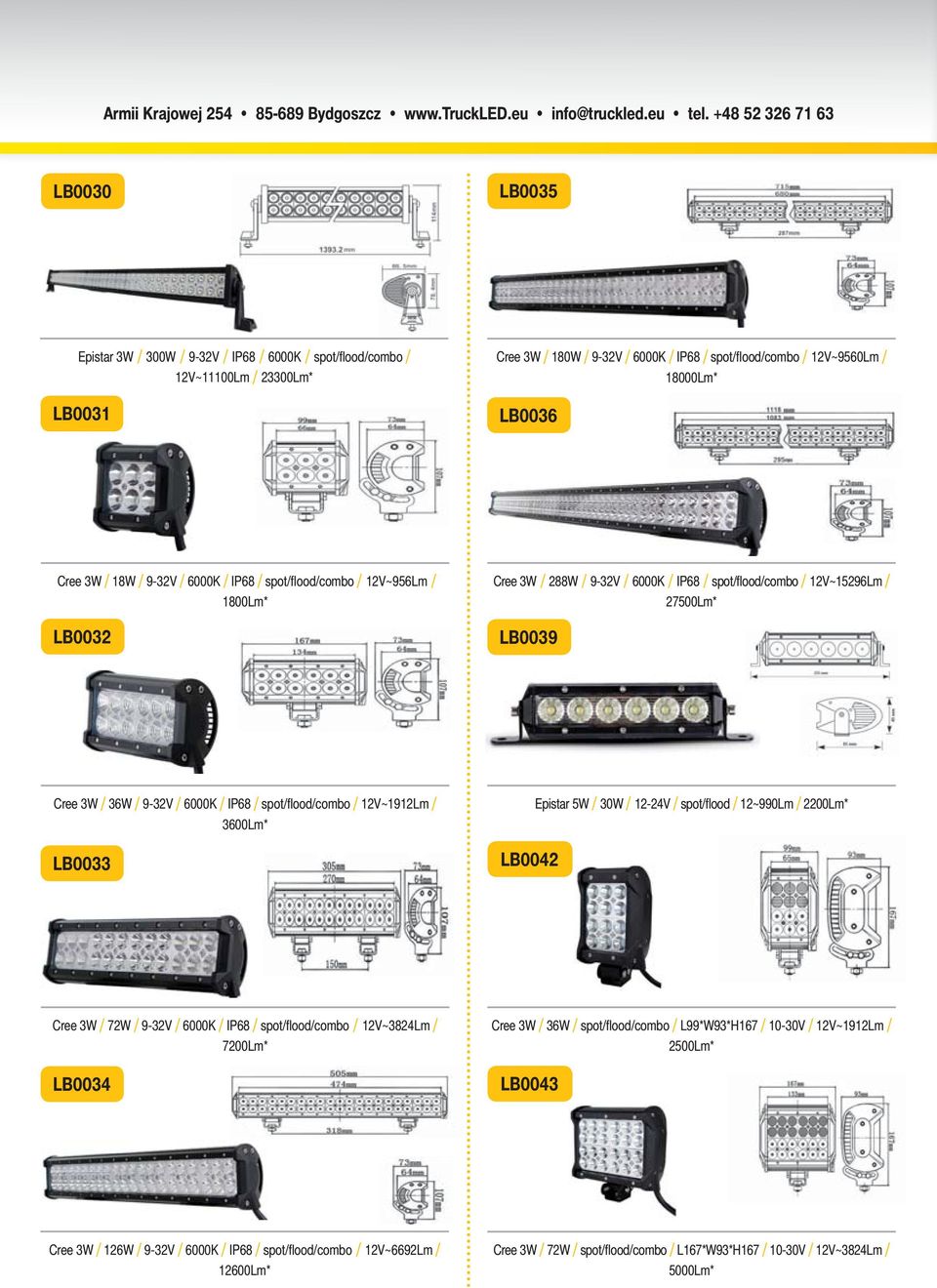 6000K / IP68 / spot/fl ood/combo / 12V~1912Lm / 3600Lm* LB0033 LB0042 Epistar 5W / 30W / 12-24V / spot/fl ood / 12~990Lm / 2200Lm* Cree 3W / 72W / 9-32V / 6000K / IP68 / spot/fl ood/combo /