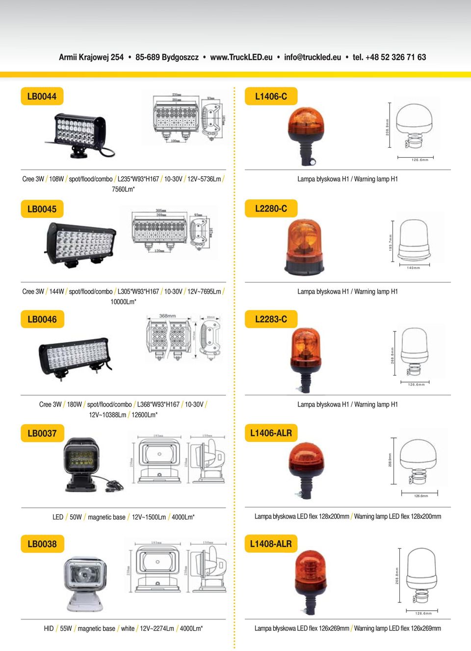 6mm Cree 3W / 180W / spot/fl ood/combo / L368*W93*H167 / 10-30V / 12V~10388Lm / 12600Lm* Lampa błyskowa H1 / Warning lamp H1 LB0037 L1406-ALR 208.9mm 126.