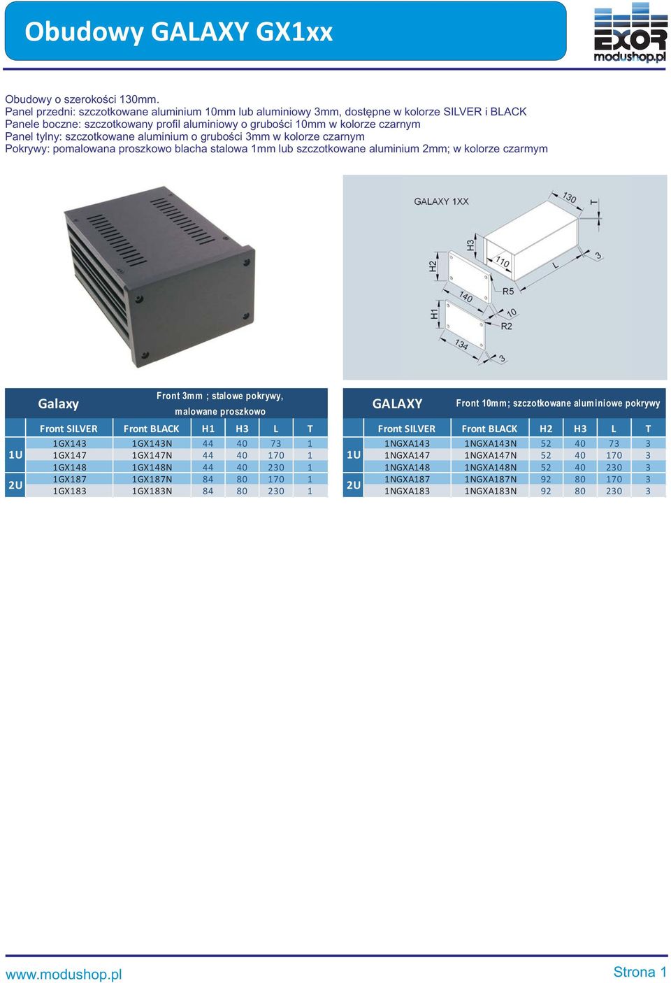 szczotkowane aluminium o grubości 3mm w kolorze czarnym Pokrywy: pomalowana proszkowo blacha stalowa 1mm lub szczotkowane aluminium 2mm; w kolorze czarmym GALAXY Front 10mm; szczotkowane