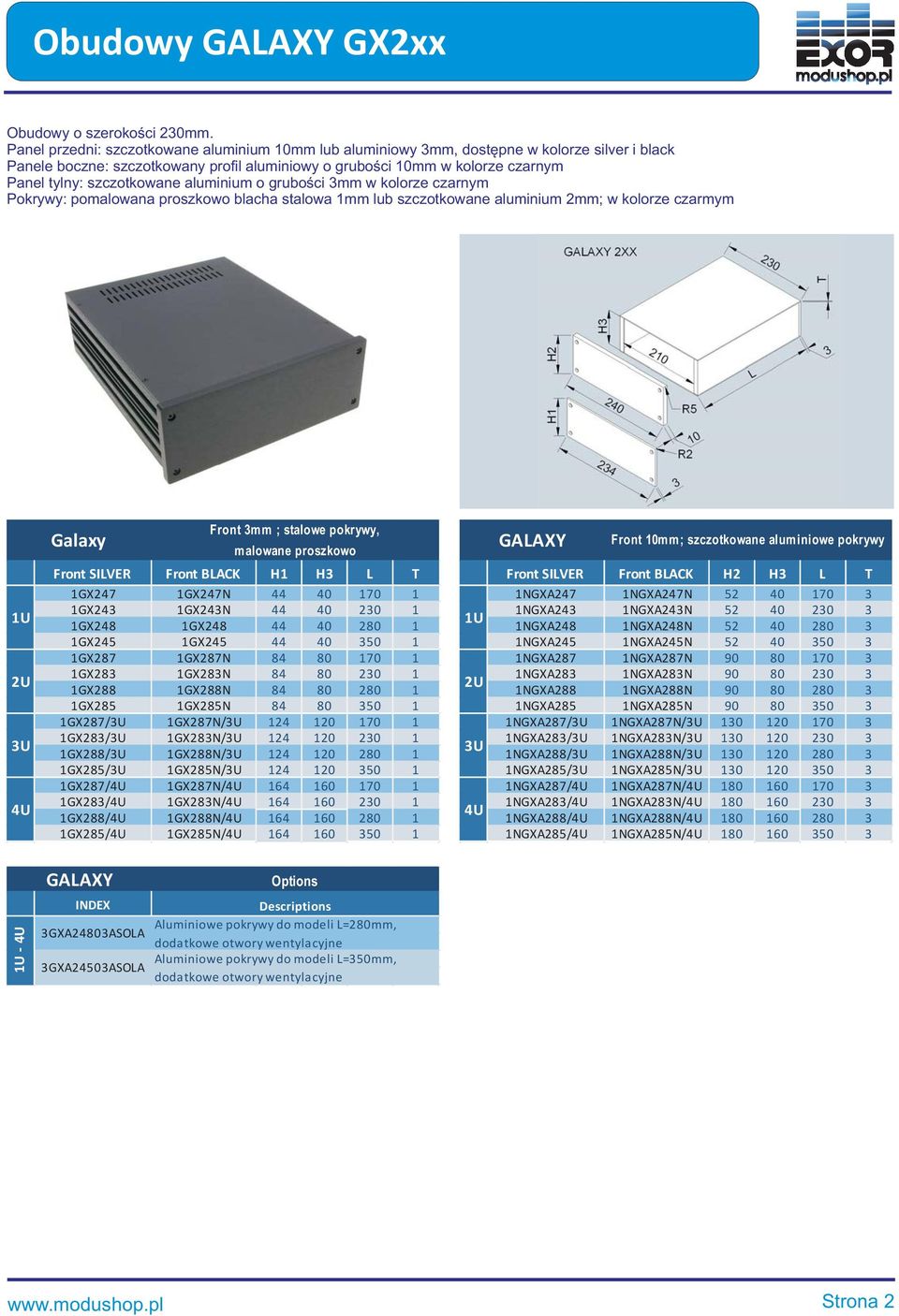 szczotkowane aluminium o grubości 3mm w kolorze czarnym Pokrywy: pomalowana proszkowo blacha stalowa 1mm lub szczotkowane aluminium 2mm; w kolorze czarmym Front 3mm ; stalowe pokrywy, 1GX247 1GX247N
