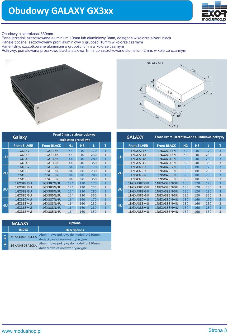 szczotkowane aluminium o grubości 3mm w kolorze czarnym Pokrywy: pomalowana proszkowo blacha stalowa 1mm lub szczotkowane aluminium 2mm; w kolorze czarmym Front 3mm ; stalowe pokrywy, 1GX347 1GX347N