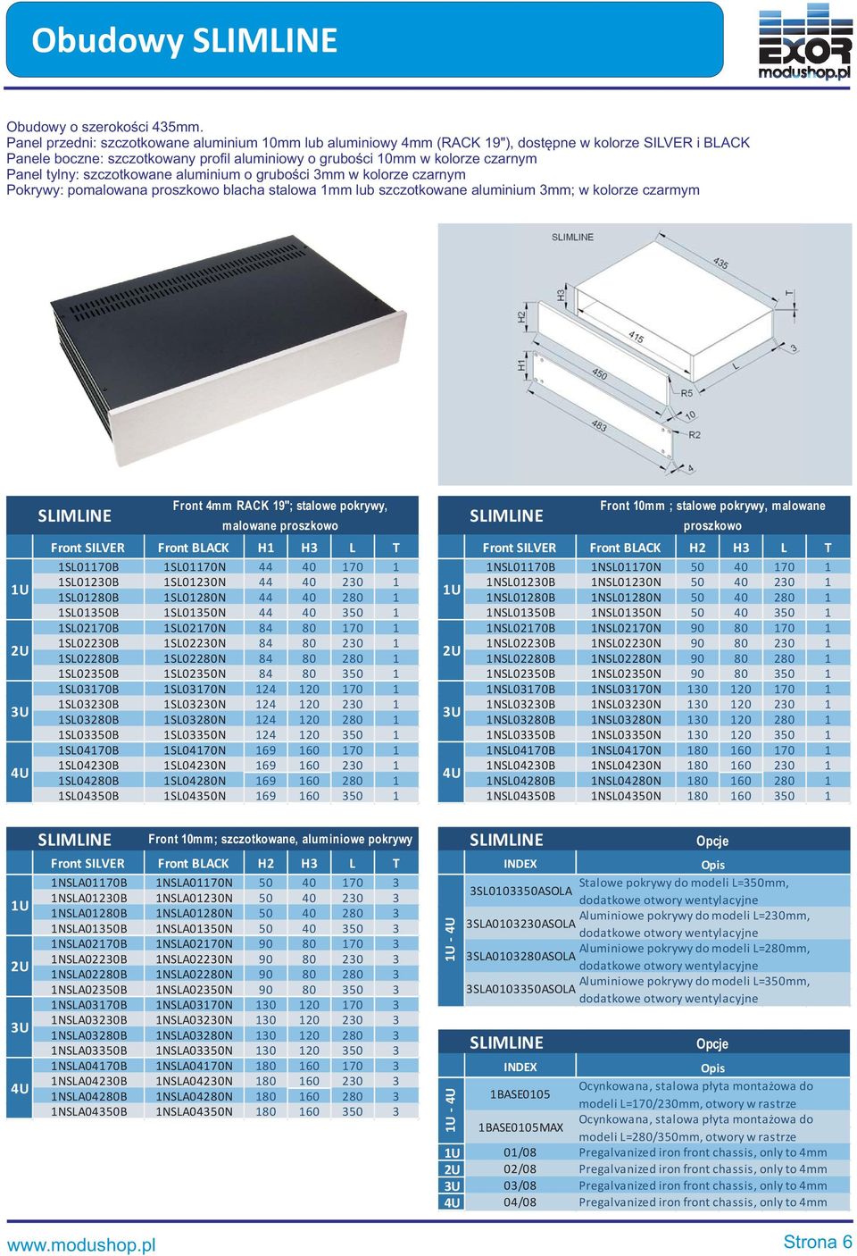 tylny: szczotkowane aluminium o grubości 3mm w kolorze czarnym Pokrywy: pomalowana proszkowo blacha stalowa 1mm lub szczotkowane aluminium 3mm; w kolorze czarmym SLIMLINE Front 4mm RACK 19"; stalowe